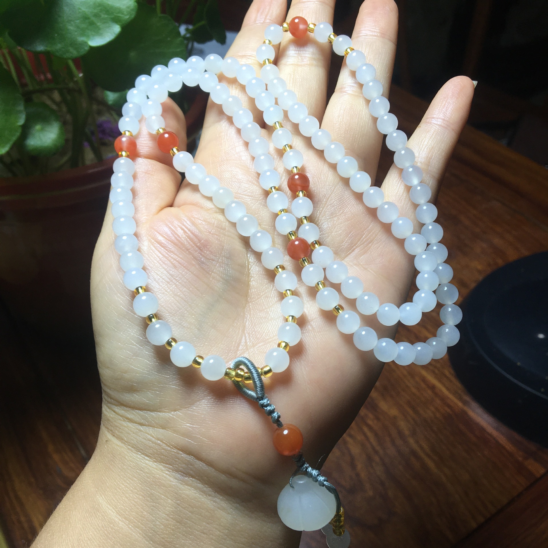 和田玉羊脂玉108颗佛珠圆珠挂链项链 白玉珠链挂饰多