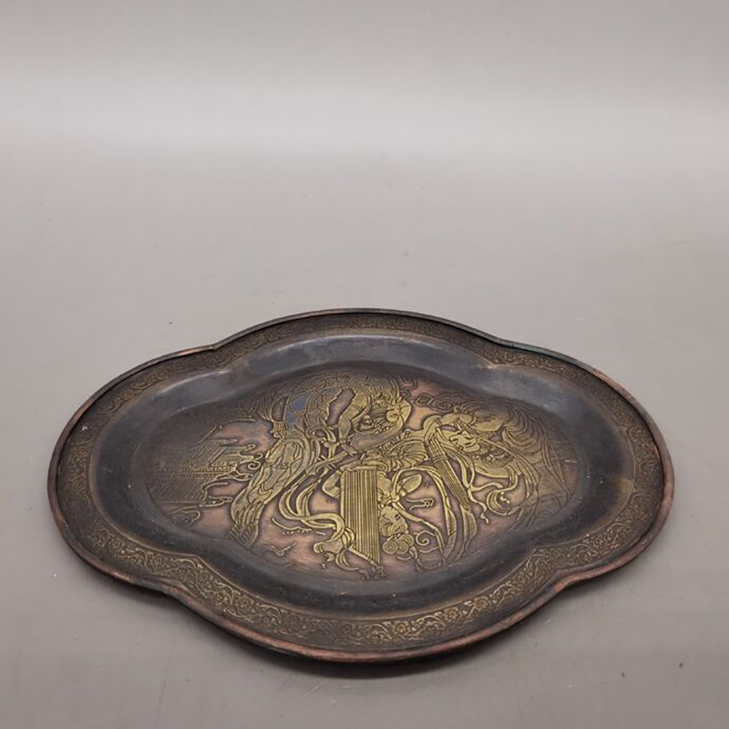 仿古做旧纯铜老铜茶盘家居摆件古玩收藏铜器黄铜仙女盘子茶道盘子