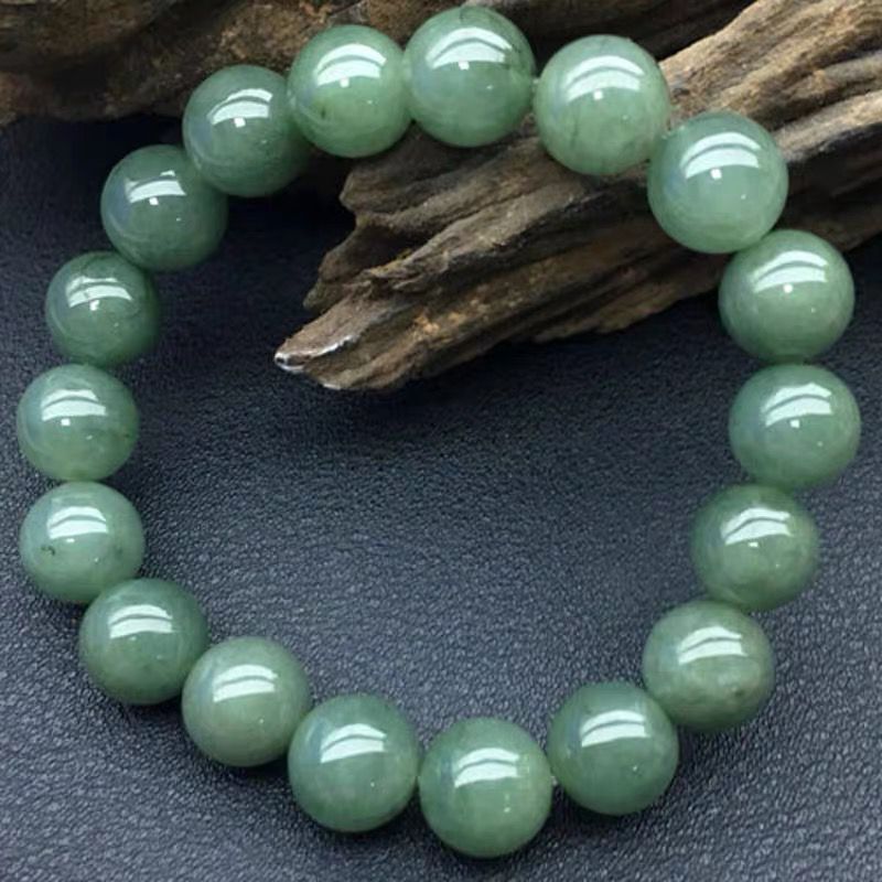 缅甸翡翠a货冰糯种油青色手串 男女款玉石单圈圆珠手链批发