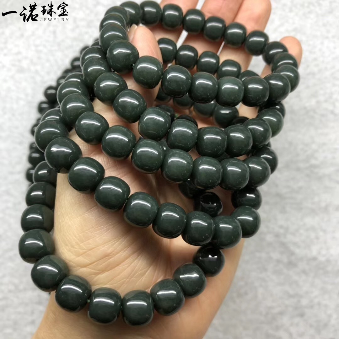天然和田玉塔青老型珠手链手串 无杂裂 润度高尺寸10mm