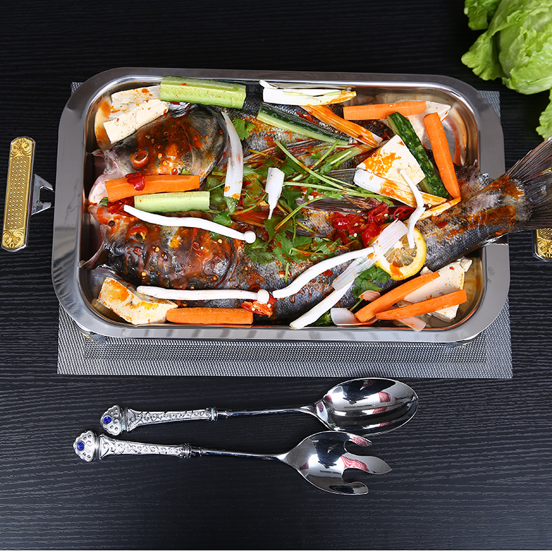 304不锈钢椭圆形烤鱼盘 酒店商用哈菲兹全钢烤鱼盘家高档自助餐炉