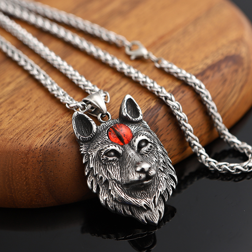 外贸电商爆款不锈钢北欧神话维京狼头吊坠项链红眼蓝眼男士饰品