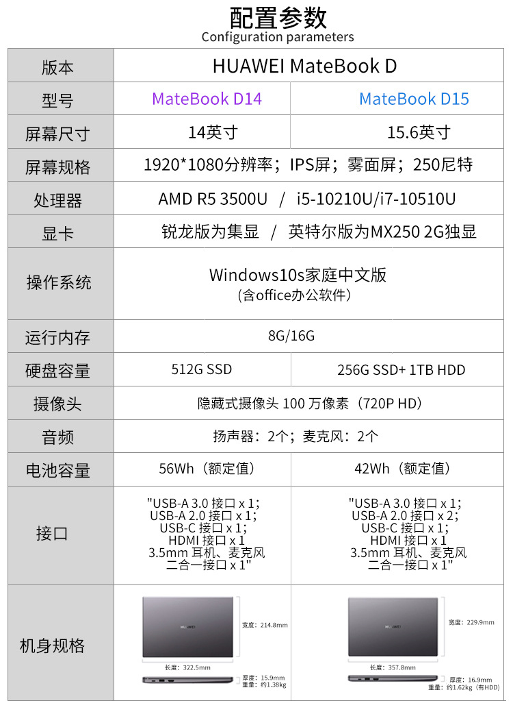 华为matebook d14/d15 笔记本电脑21/22款 学生网课商务 办公批发