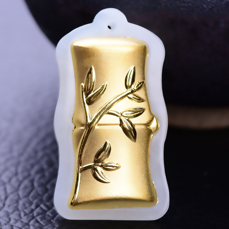 金镶玉节节高 足金镶天然和田玉吊坠 3d4d竹节挂坠 玉器礼品批发