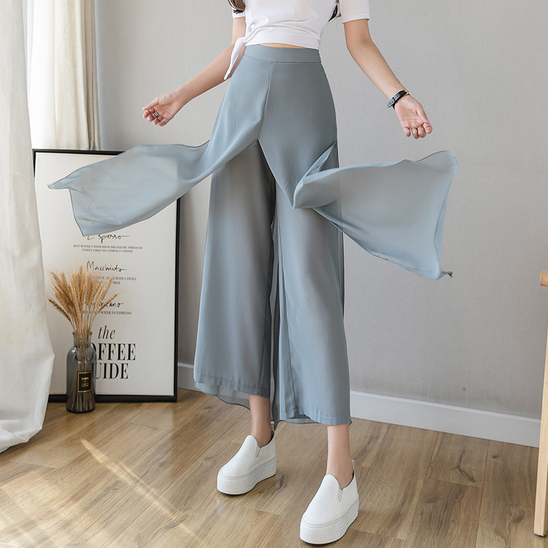 Real Shot 2022 Summer Korean Style High Waist Western Style Slimming Ice Silk Chiffon Wide Leg Pants Women's Drape Thin Ankle Culotte