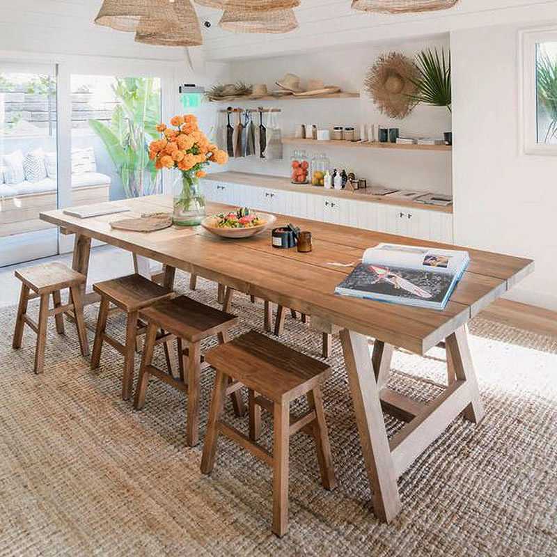 日式简易实木客厅长桌 简约原木多人位餐桌椅组合民宿