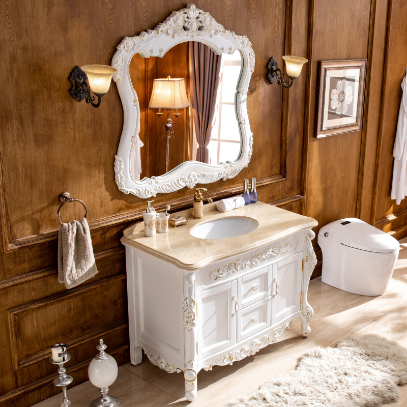 欧式浴室柜实木橡木洗脸台盆卫生间洗手柜组合大理石落地柜智能镜