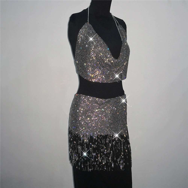 铝片衣服金属水钻系链吊带背心性感衣服比基尼镶钻金属钻石舞台装