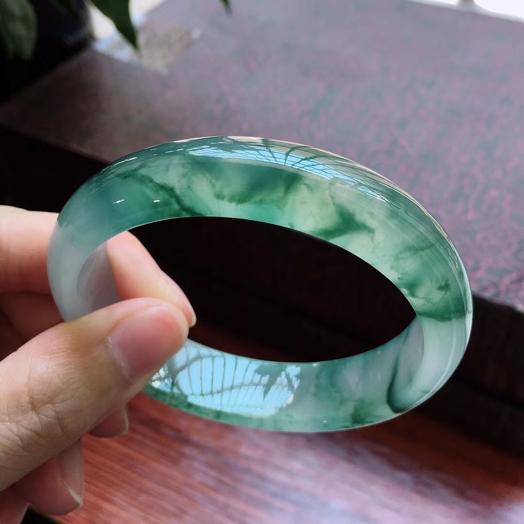 缅甸翡翠冰种紫罗兰贵妃圆条细条玉石阳绿飘花手镯