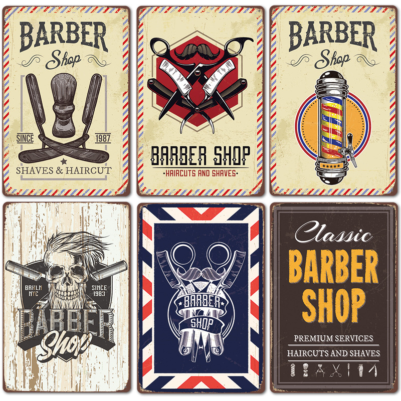 2020新款 barbershop海报复古铁皮画 理发店背景墙壁无框装饰挂画