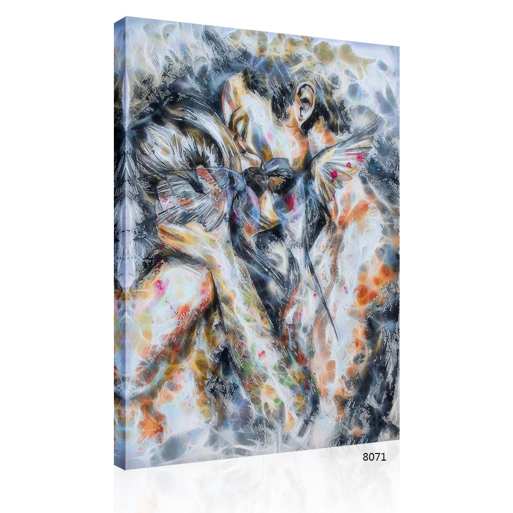 亚马逊跨境一件代发 情侣接吻亲吻肖像高清喷绘装饰无框水彩画芯