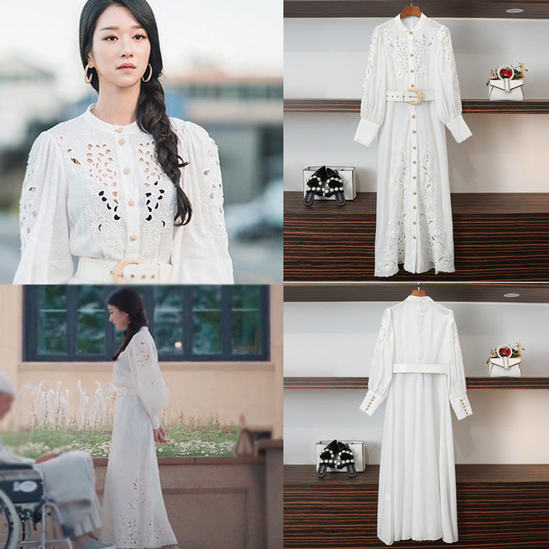 虽然是病精神但没关系高文英徐睿知同款白色镂空绣花度假风连衣裙