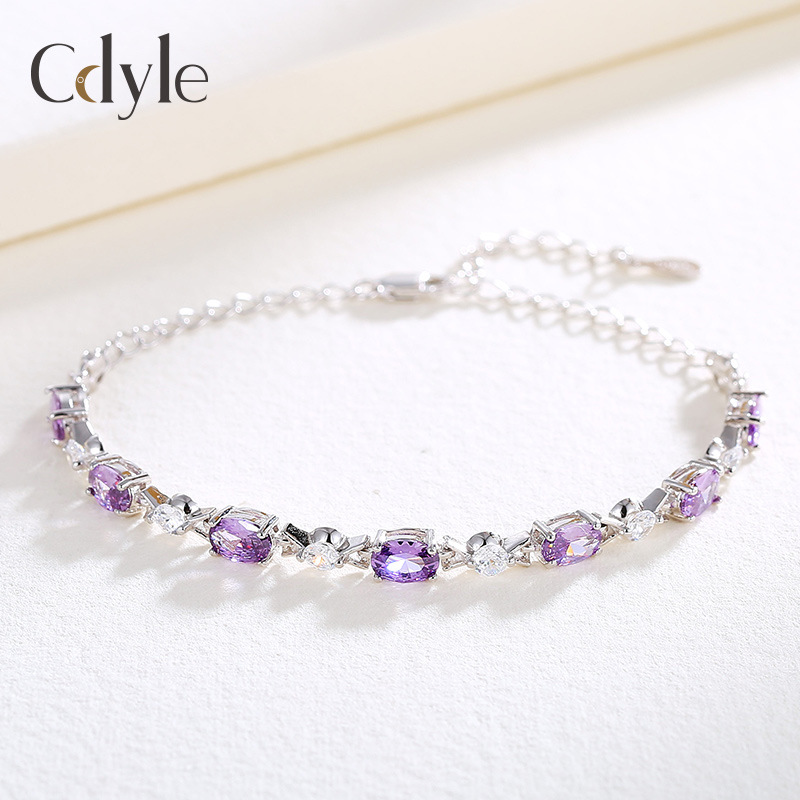 韩版新款时尚小清新锆石s925纯银手链女士高档紫锆石森系学生手饰