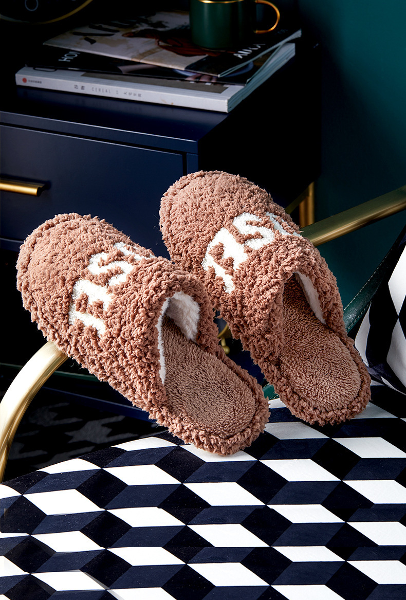 朴西新款毛绒字母拖鞋保暖月子鞋圆头产妇防滑情侣毛绒棉拖鞋批发