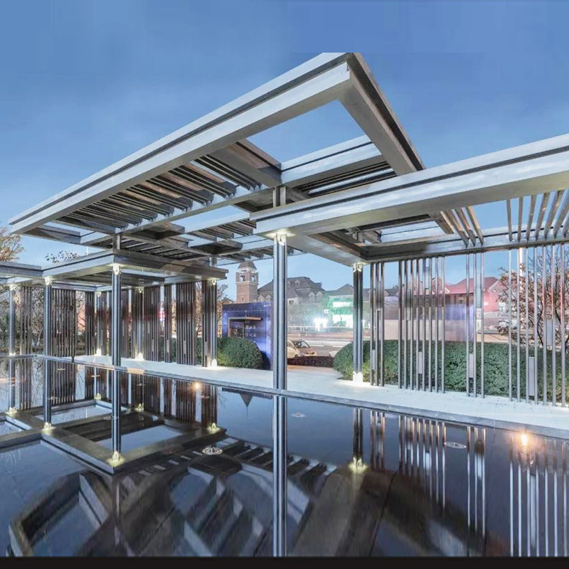 河北厂家 大型不锈钢廊架 异形金属喷漆雕塑钢结构阳光棚休闲长廊