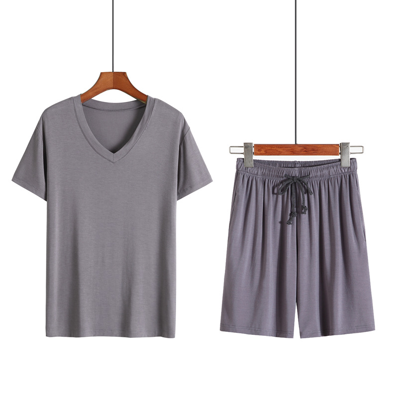 Modal Men's Summer Loungewear Suit Cold Fast V-neck Thin plus-Sized Oversized Short Sleeve Shorts Pajamas