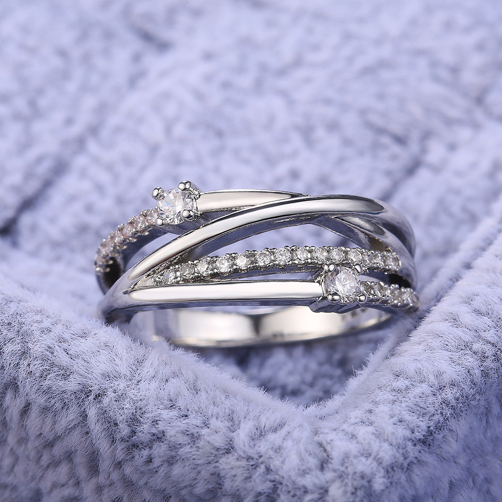 曹适跨境畅销新款 唯美几何线条镶锆石女士戒指 时尚戒指环手饰品