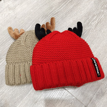 冬季新款帽子女圣诞鹿角针织帽加绒加厚保暖韩版亲子大童毛线帽潮