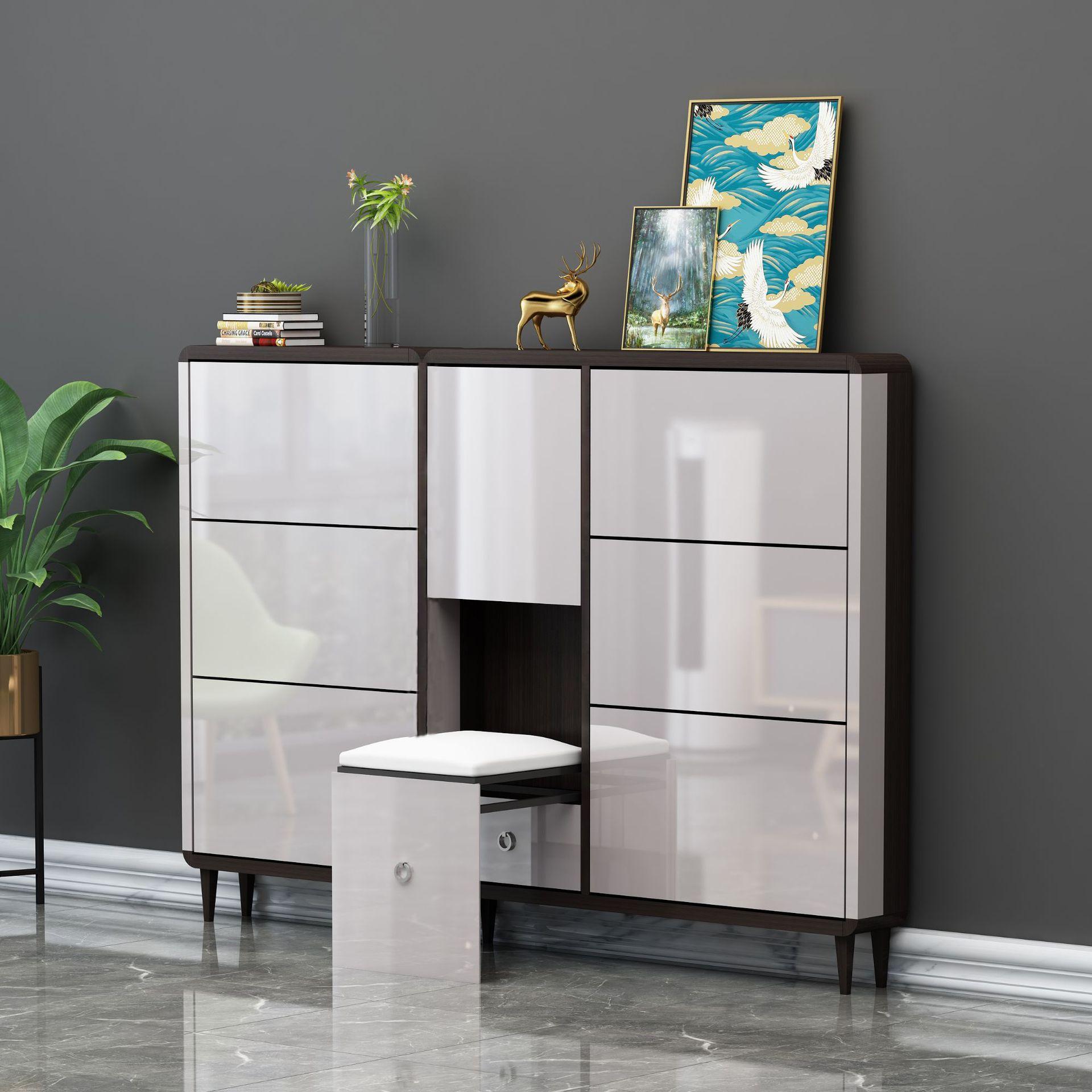 现代轻奢烤漆超薄带凳子17cm高柜家用门口翻斗窄鞋柜大容量