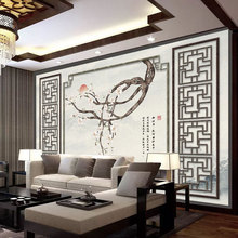 新中式梅花花鸟客厅电视背景墙壁纸自带边框造型水墨山水墙布壁画
