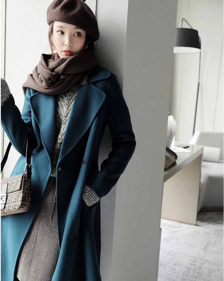 皇妃的品格凯特英式极简双排扣腰带手工双面呢显白孔雀绿羊毛大衣