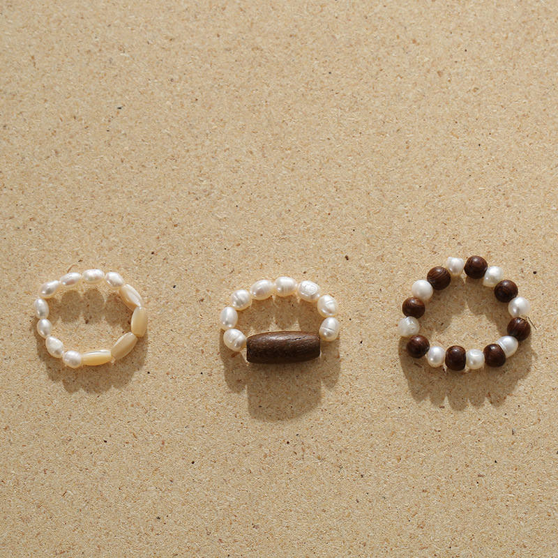 淡水珍珠木珠组合松紧戒指 韩国时尚少女摆拍尾戒 可调节批发