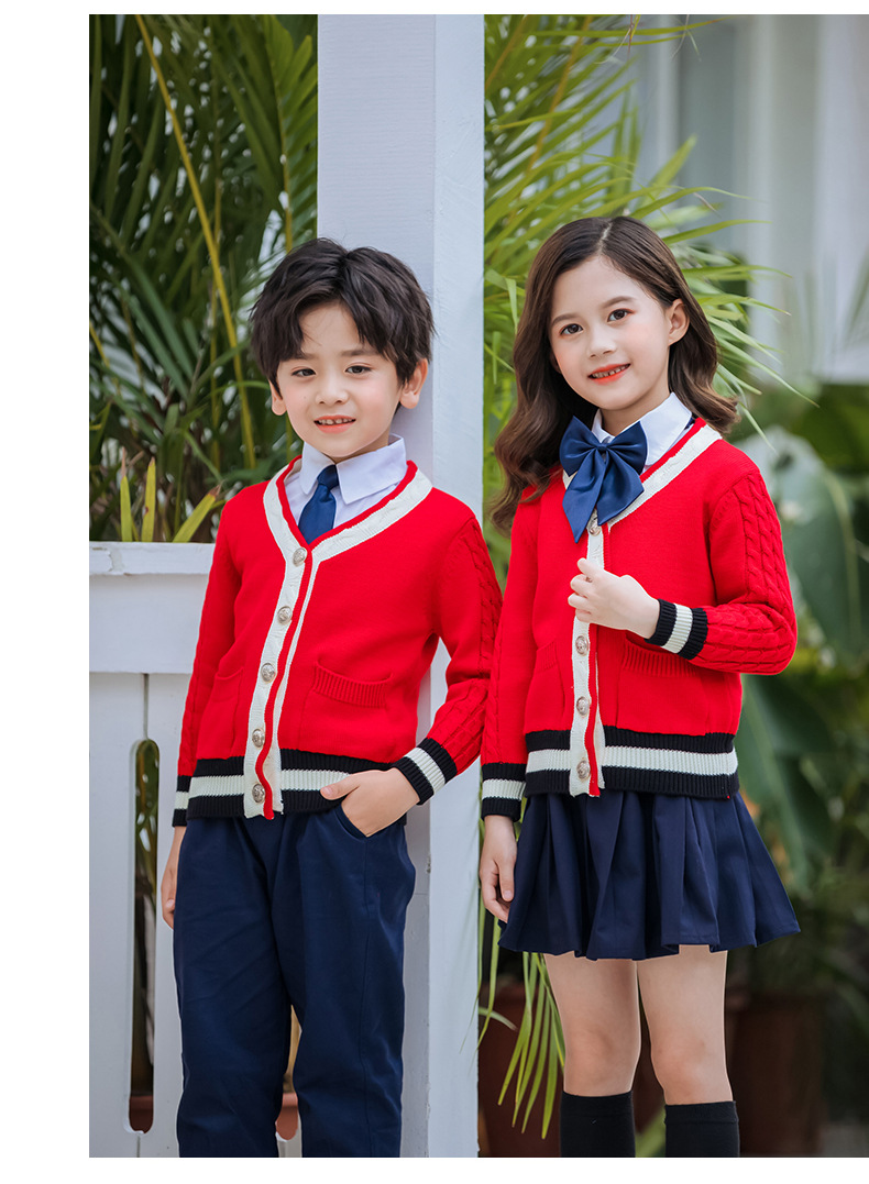 红色男女童学院风校服套装毛衣开衫元旦中小学生合唱表演服秋冬款