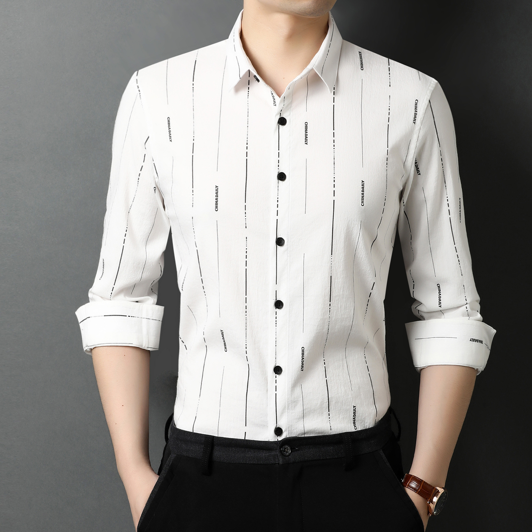 男式印花长袖衬衫男2020秋季新款青年男装男士休闲竖条纹翻领衬衣