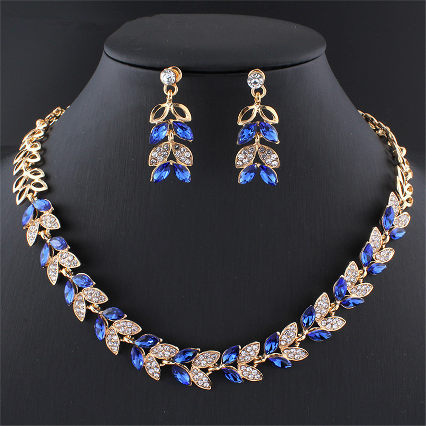 Women's Retro Europe and America Alloy Printed Water Wave Chain Metal Blue Gold-Plated Earrings Necklace