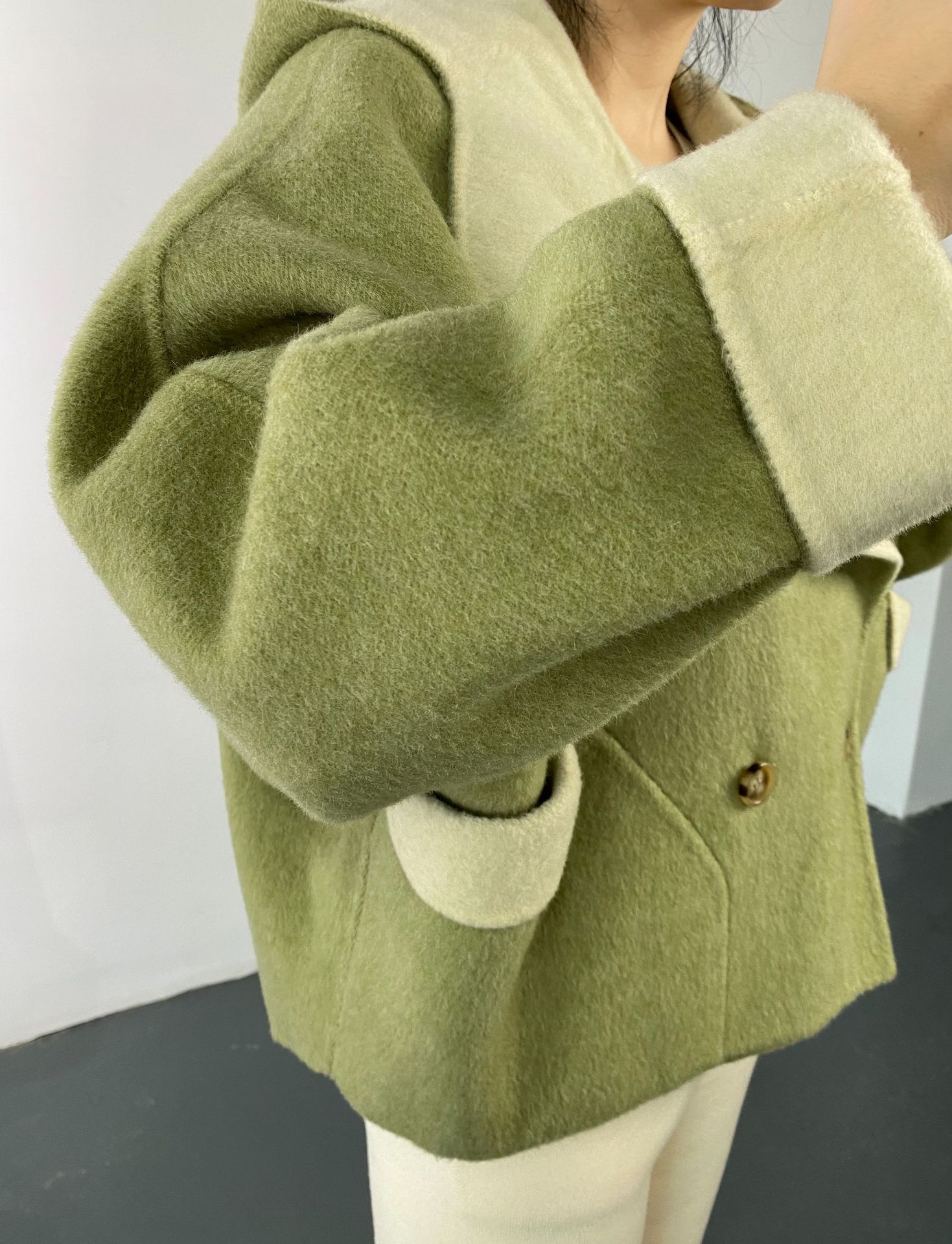 2020秋冬气质双色双面穿洋气牛油果色羊绒手工大衣女毛呢外套