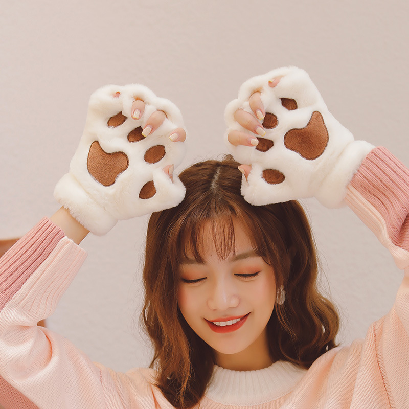 猫咪手套女冬天学生秋冬季保暖软妹可爱爪子毛绒韩版半指加厚加绒