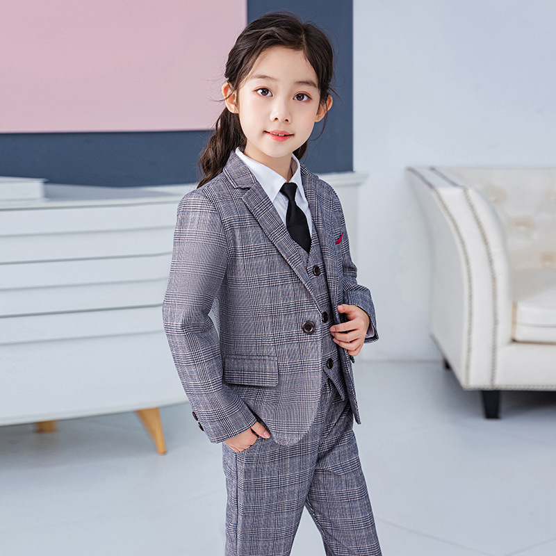 2020新款女童外套女孩格子小西装套装女生演出表演西服一件代发
