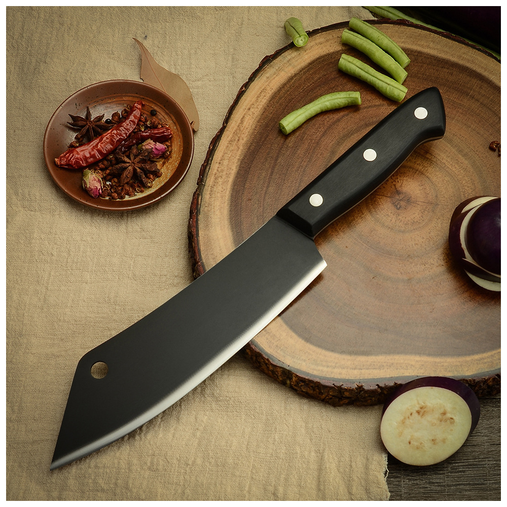 8寸尖头主厨刀 发黑刀面 黑彩木带孔菜刀 西式料理厨刀 庖丁牛刀