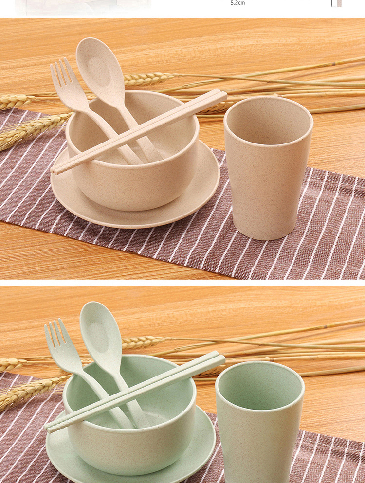 便携小麦餐具三件套 小麦秸秆餐具套装 碗杯碟盘勺叉筷小麦六件套