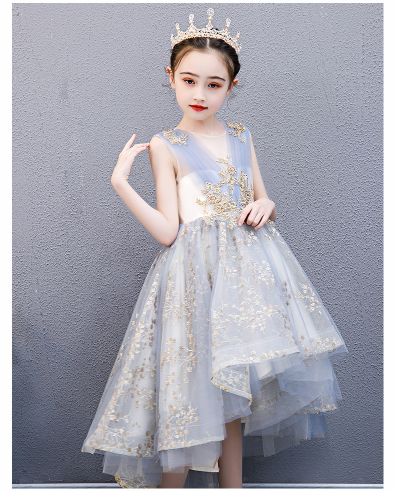 女童晚礼服拖尾儿童公主裙蓬蓬纱花童洋气连衣裙主持气质生日礼服