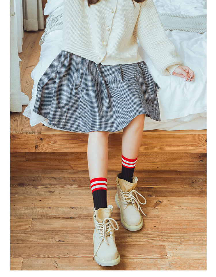 袜子女堆堆袜韩版学院风条纹中筒袜二杠直板袜直筒袜秋冬女士批发