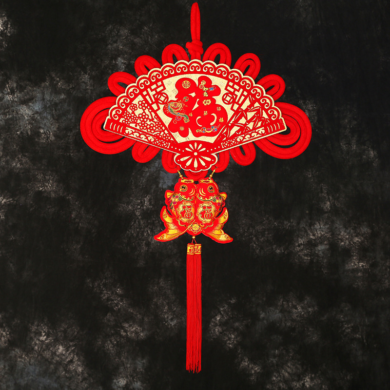 新款扇形福字中国结双鱼挂穗大号板结客厅酒店商场过年喜庆挂饰