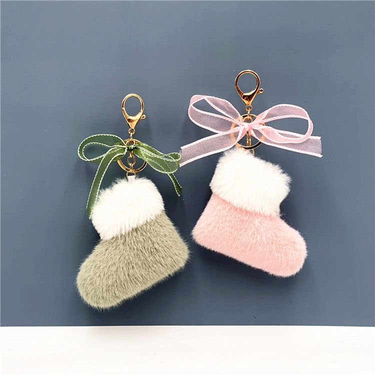Christmas Boots Keychain Cute Bowknot Bag Package Pendant Cartoon Plush Car Key Chain Gift Accessories