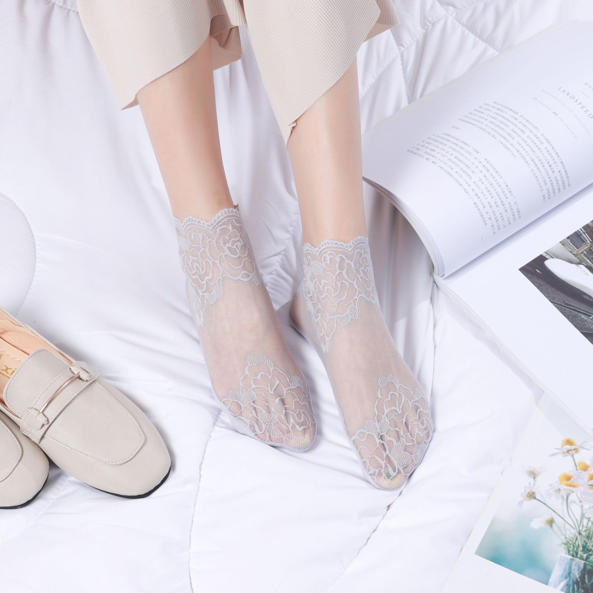 新款性感蕾丝隐形船袜 百搭气质优雅硅胶防滑短袜高筒深口隐形袜