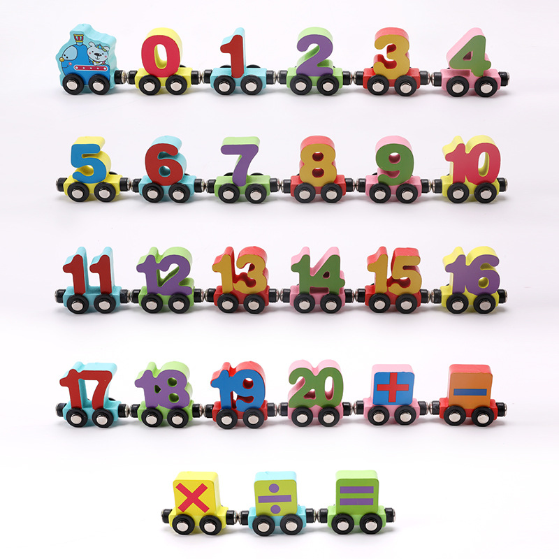 Wood Magnetic Digital Small Train Kindergarten Know Letters Assembled Drag Building Blocks Children's Toy Car 1-3 Years Old