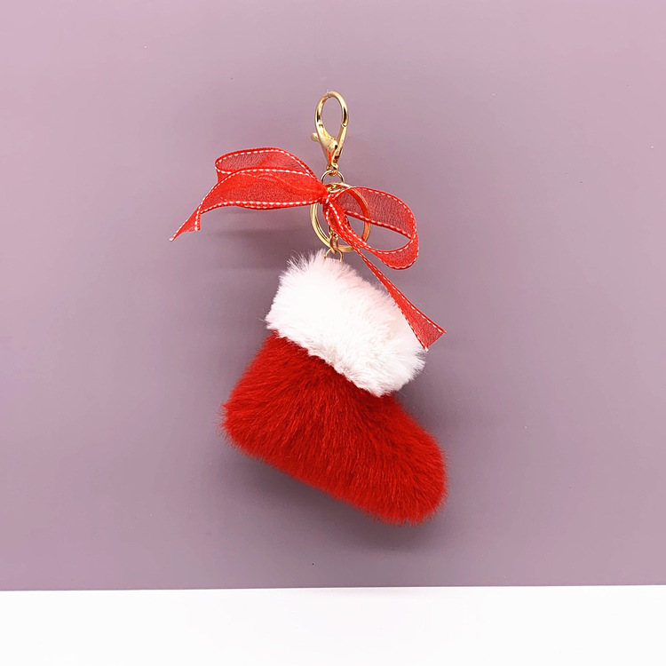 Christmas Boots Keychain Cute Bowknot Bag Package Pendant Cartoon Plush Car Key Chain Gift Accessories