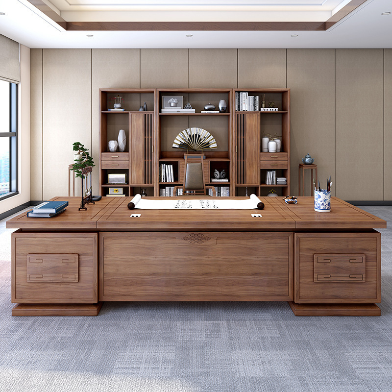 新中式老板桌椅组合总裁办公桌实木大班台简约大气办公室家具现货