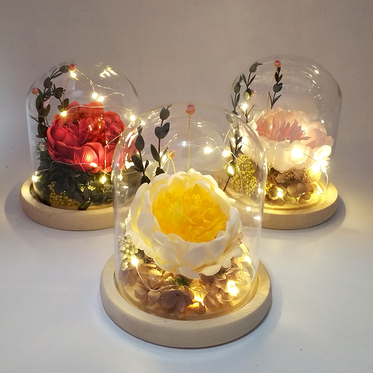Valentine's Day Gift LED Light Glass Cover Preserved Fresh Flower Birthday Gift for Girlfriend Mother's Day Big Peony Hydrangea