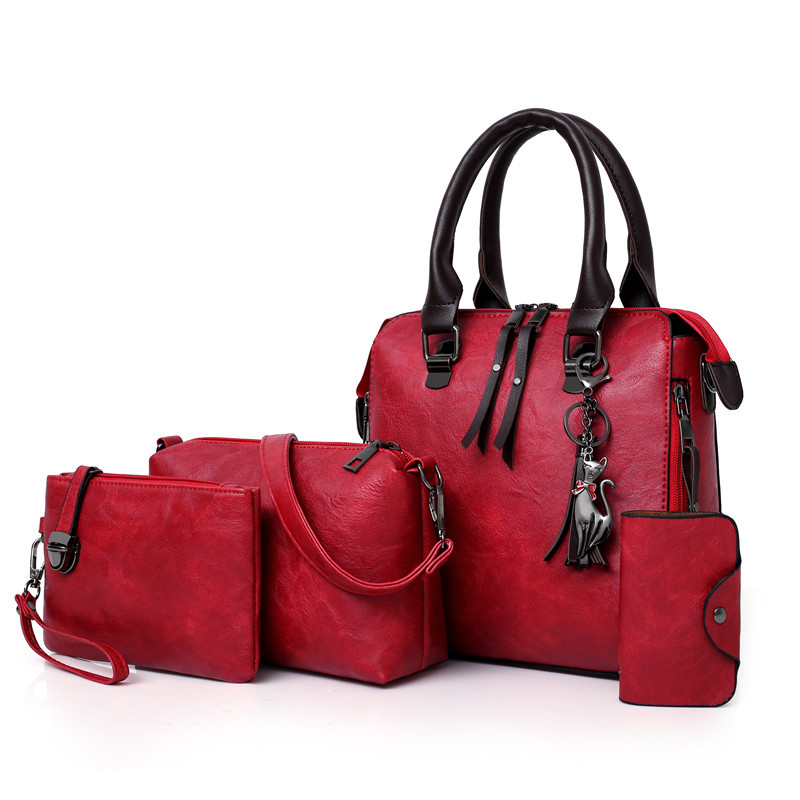 Cross-Border Foreign Trade Women's Fashion Trend Pendant Retro Handbag Urban Casual Solid Color Mother and Child Bag Four-Piece Set