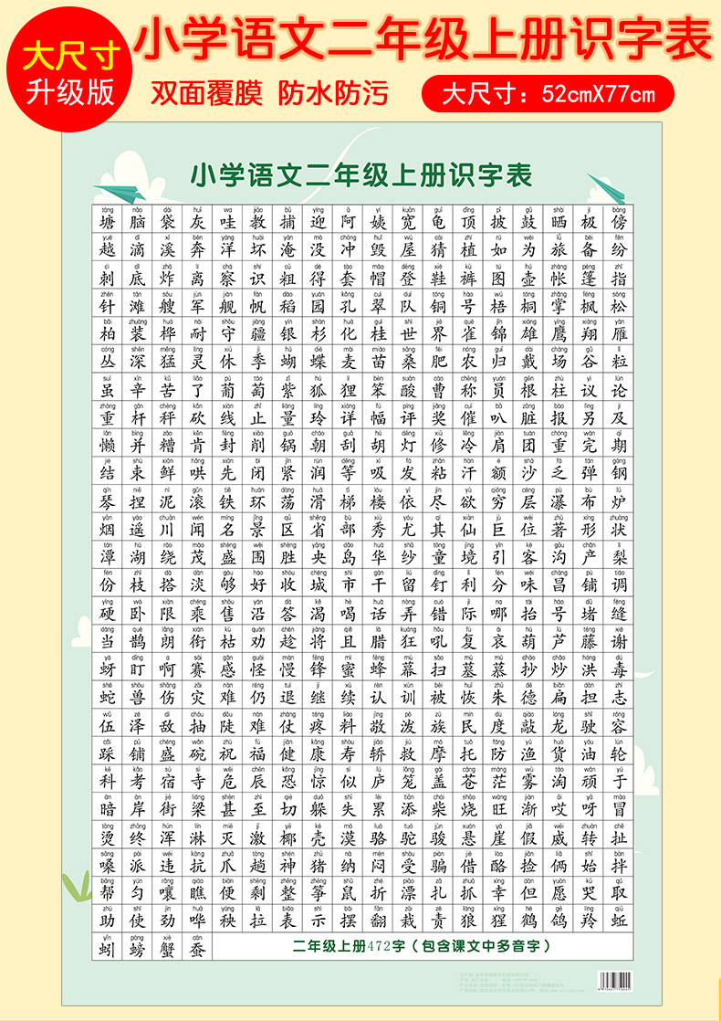 小学生二年级语文上册识字表墙贴挂图同步课文生字词识字表写字表