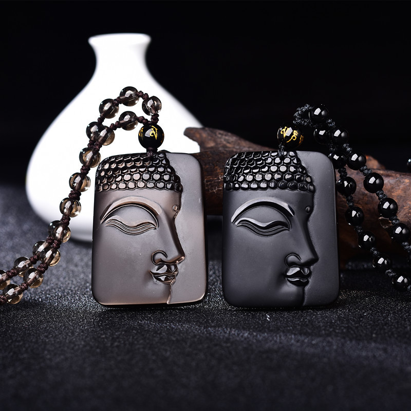 龙马珠宝天然黑曜石吊坠 冰种黑曜石半面佛 磨砂黑曜石半面佛