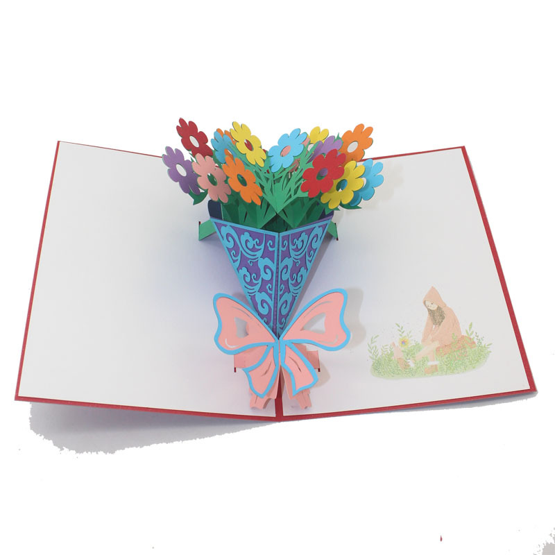 七色花手工创意3d立体贺卡传统剪纸镭射加工定制生日节日旅游纪念