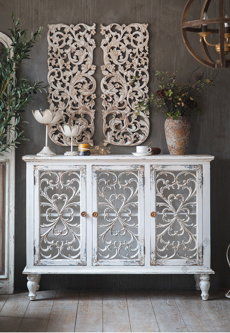 美式复古雕花进门玄关柜鞋柜玻璃餐边柜墙上壁挂民宿酒店装饰柜子