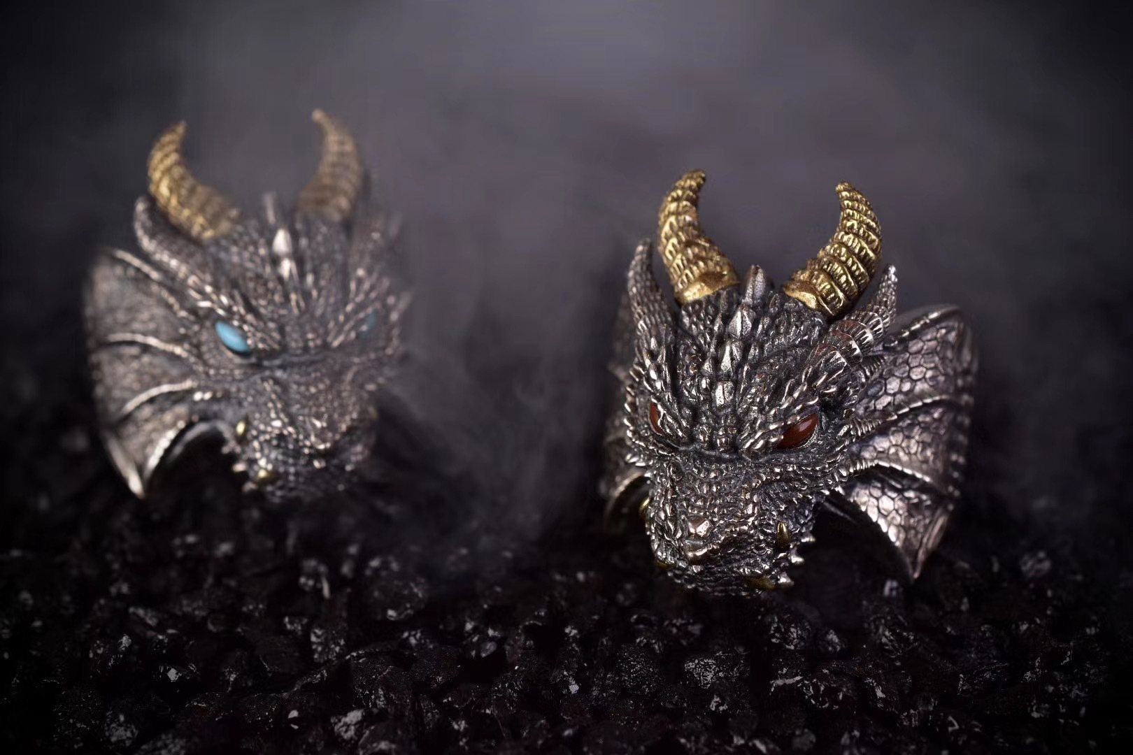 深渊魔龙戒指s925银镶嵌松石南红玛瑙复古国风男款食指戒批发