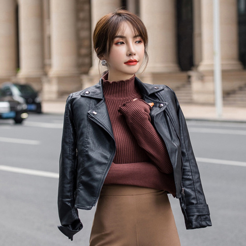 2021新款修身皮衣外套女时尚春秋黑色百搭机车上衣女pu皮夹克女潮